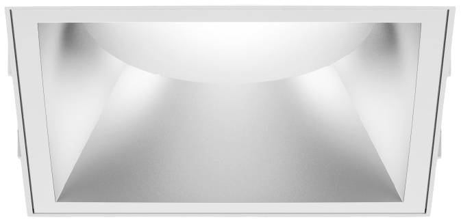 Prostokątny, nowoczesny sufitowy reflektor LED z odbijającą światło, srebrną powierzchnią wewnętrzną. Idealny do oświetlania wnętrz.
