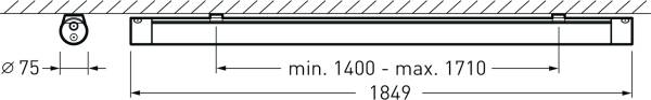 Rysunek techniczny belki świetlnej o długości 1849 mm, z możliwością regulacji między 1400 mm a 1710 mm; średnica rury 75 mm.