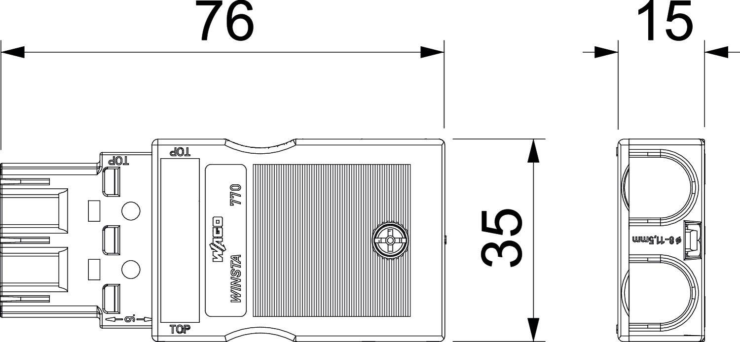 Rysunek techniczny złącza elektrycznego o wymiarach 76 mm długości, 35 mm szerokości, 15 mm wysokości.