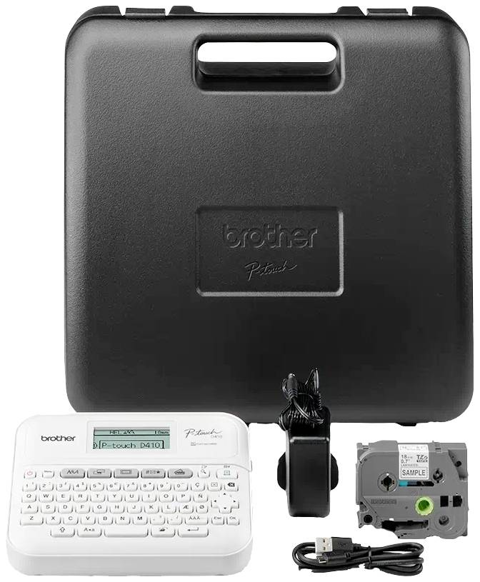 Przenośne urządzenie do etykietowania z klawiaturą QWERTZ, wyświetlaczem i akcesoriami, takimi jak kabel ładujący, instrukcja obsługi i taśma do etykietowania.