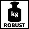 Obraz przedstawia czarny symbol w kształcie odważnika z literą 'kg'. Poniżej wielkimi literami napisano 'ROBUST'.
