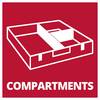 Czerwony kwadrat z białym symbolem otwartej skrzynki z wieloma przegródkami. Pod spodem napis 'COMPARTMENTS'.