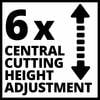 '6-krotna centralna regulacja wysokości koszenia' z podwójną strzałką wskazującą na regulację wysokości, przedstawiona na ilustracji.
