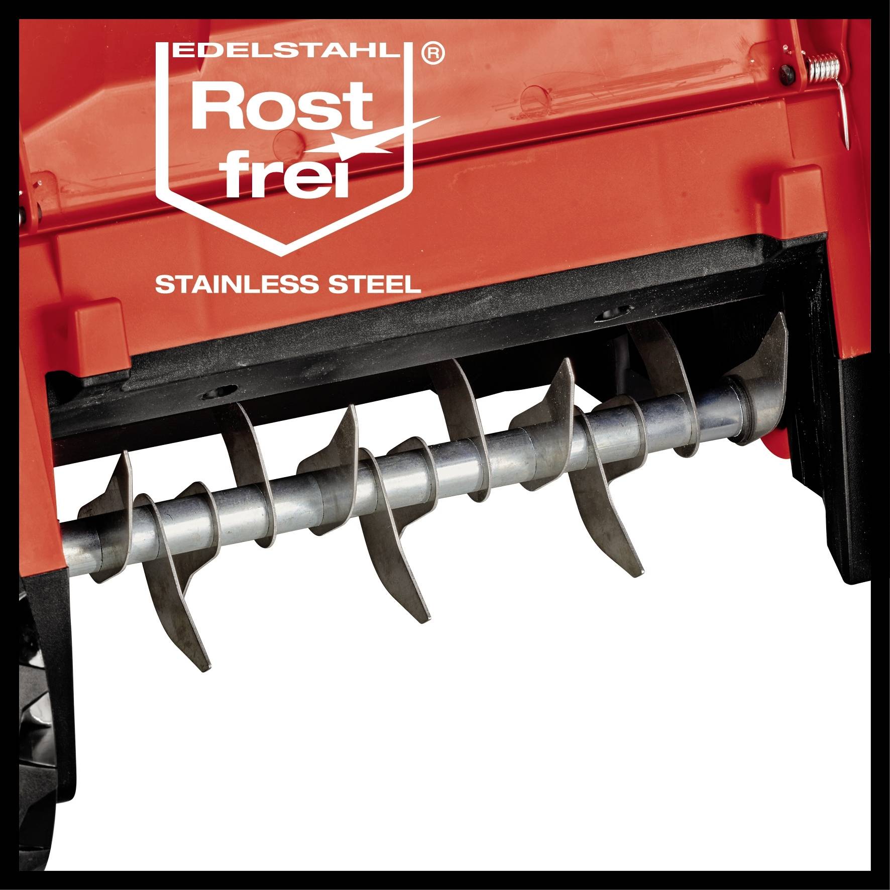 Czerwono-czarne urządzenie ze śrubą ze stali nierdzewnej, w tle logo "Stal nierdzewna".