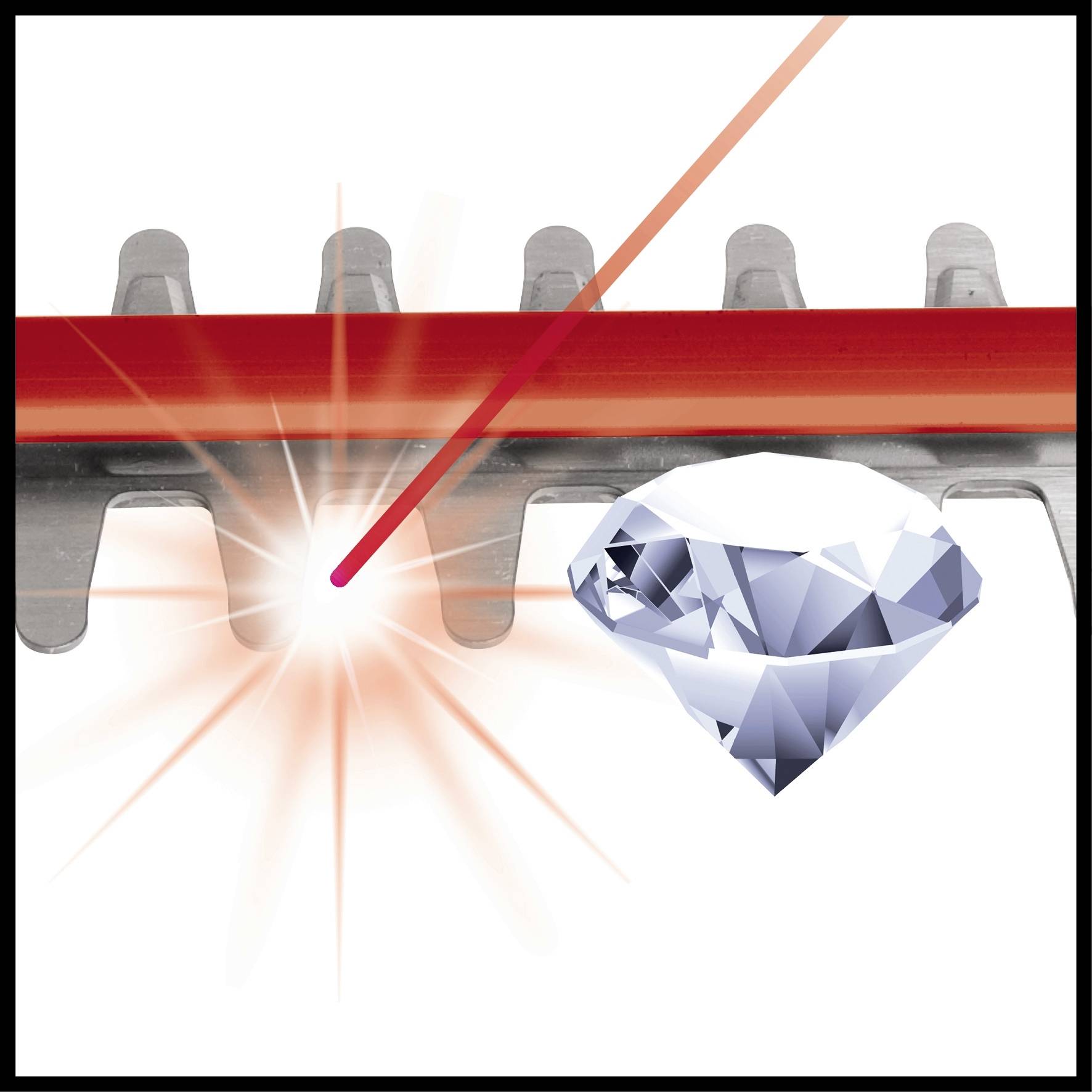Czerwony promień lasera pada na obracającą się tarczę piły obok lśniącego diamentu, symbolizując precyzję.