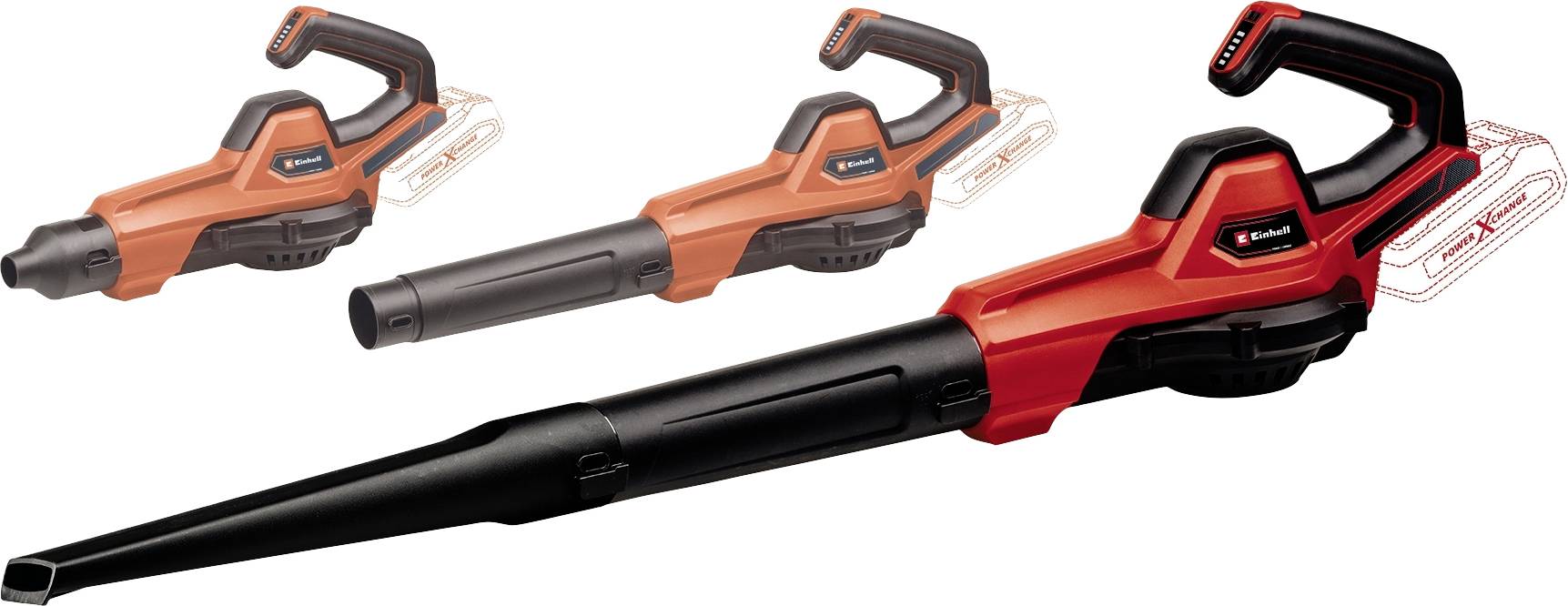 Czerwona i czarna dmuchawa do liści z odłączaną rurą, przedstawiona w trzech ujęciach: w pełnej formie oraz z dwoma odłączalnymi częściami.