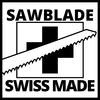 'Sawblade Swiss Made' Tekst z stylizowaną grafiką piły tarczowej i krzyżem szwajcarskim w tle.