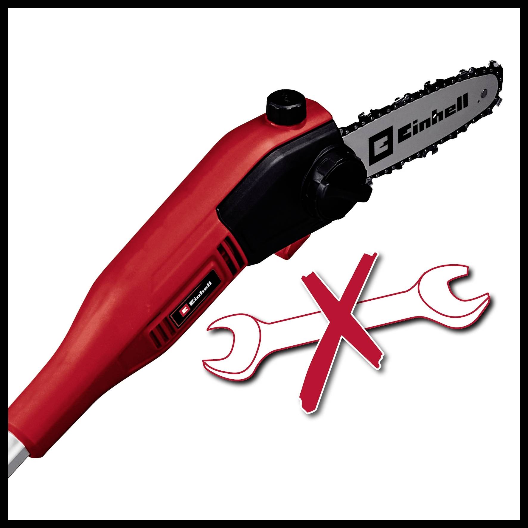 Einhell Piła do gałęzi X-Change bez użycia narzędzi: Czerwona piła łańcuchowa z ergonomicznym uchwytem, skrzyżowane narzędzia symbolizują obsługę bez konieczności użycia dodatkowych narzędzi.