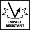 Symbol strzałki uderzającej w skośną linię, otoczony gwiazdami, z napisem 'ODPORNY NA UDERZENIA', wskazujący na wytrzymałość na wstrząsy.