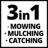 '3 w 1: Koszenie, Mulczowanie, Zbieranie' czarną czcionką na białym tle.