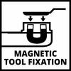 Obraz przedstawia piktogram magnesu ilustrujący funkcję 'Magnetic Tool Fixation', z strzałkami wskazującymi na magnes.