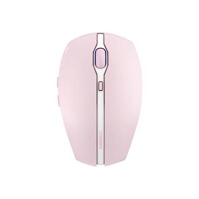Bezprzewodowa, różowa mysz komputerowa z białym paskiem i podświetlanym kółkiem przewijania, stworzona z myślą o ergonomii i minimalistycznym designie.