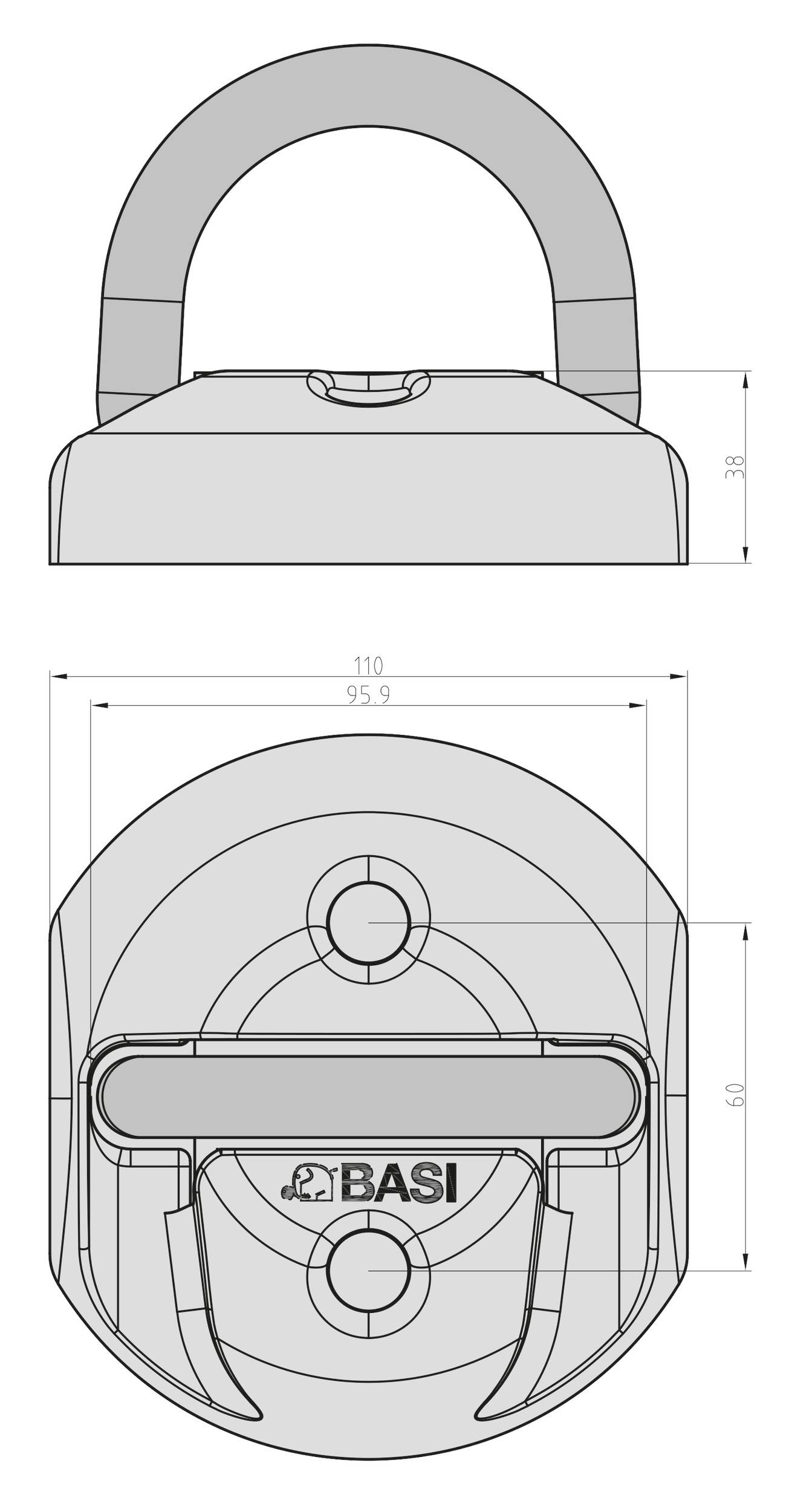 Rysunek techniczny okrągłej kłódki o szerokości 110 mm i wysokości 38 mm. Marka: BASI.