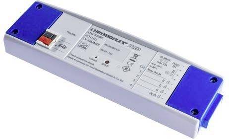 Elektroniczne urządzenie z niebiesko-białą obudową, wyposażone w przełącznik i złącza, oznaczone specyfikacjami technicznymi.
