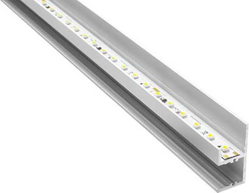 Profil aluminiowe z zintegrowaną listwą LED, odpowiednie do liniowych zastosowań oświetleniowych, takich jak rozwiązania meblowe lub architektoniczne.