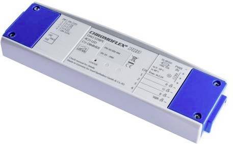 Elektryczny sterownik LED z niebieskimi końcówkami i białą obudową. Na powierzchni wydrukowane są specyfikacje techniczne i złącza.