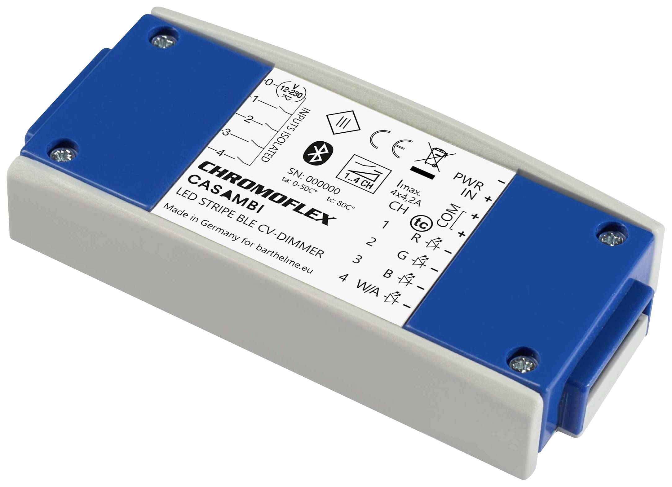 Prostokątny ściemniacz LED 'Chromoflex Casambi', w kolorach niebieskim i białym, z symbolami technicznymi i informacjami na etykiecie.