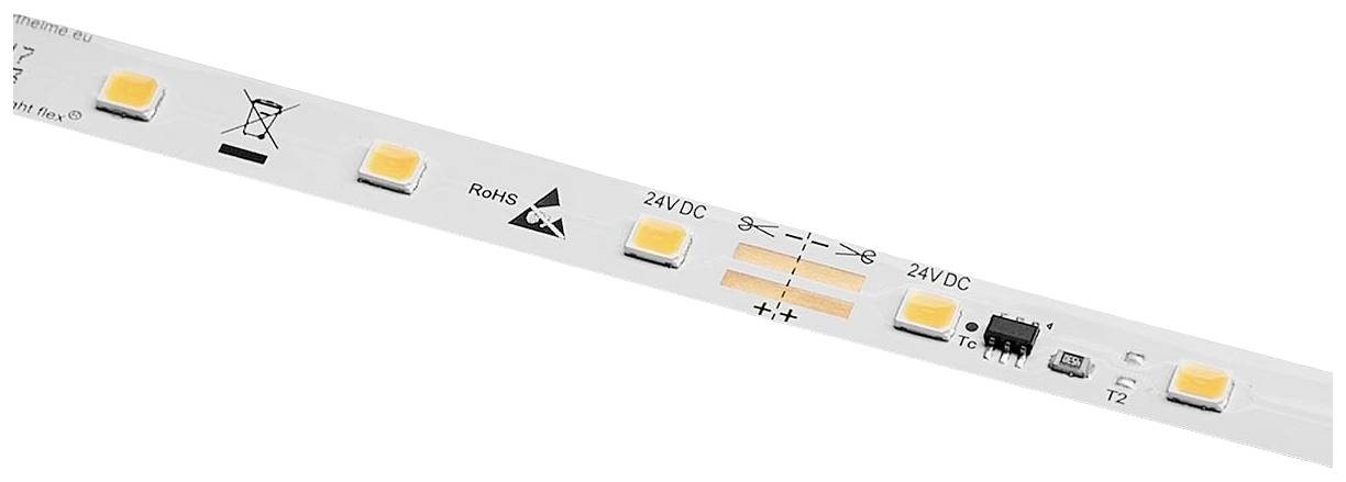 Paski z żółtymi diodami LED. Oznaczenia napięcia (24VDC), polaryzacji (+/-) oraz symbole bezpieczeństwa i produkcji.