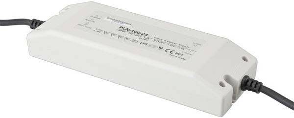 Białe zasilanie z przewodami po obu stronach, opisane specyfikacjami technicznymi.