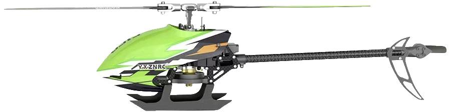 Zielony modelowy helikopter o smukłej sylwetce z wirnikami. Odpowiedni dla hobbystycznych pilotów, stoi na białym tle.