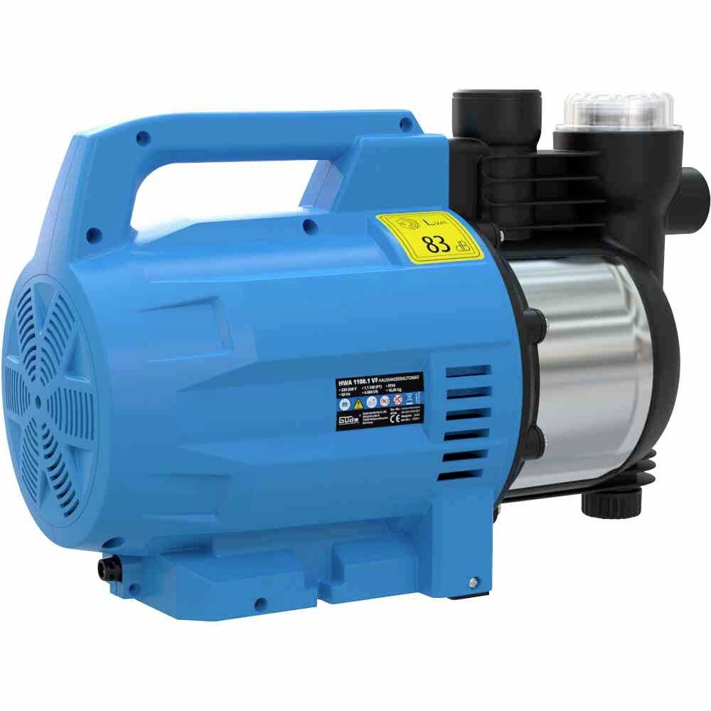 Niebieska pompa wodna z metalowym cylindrem i czarnym złączem.