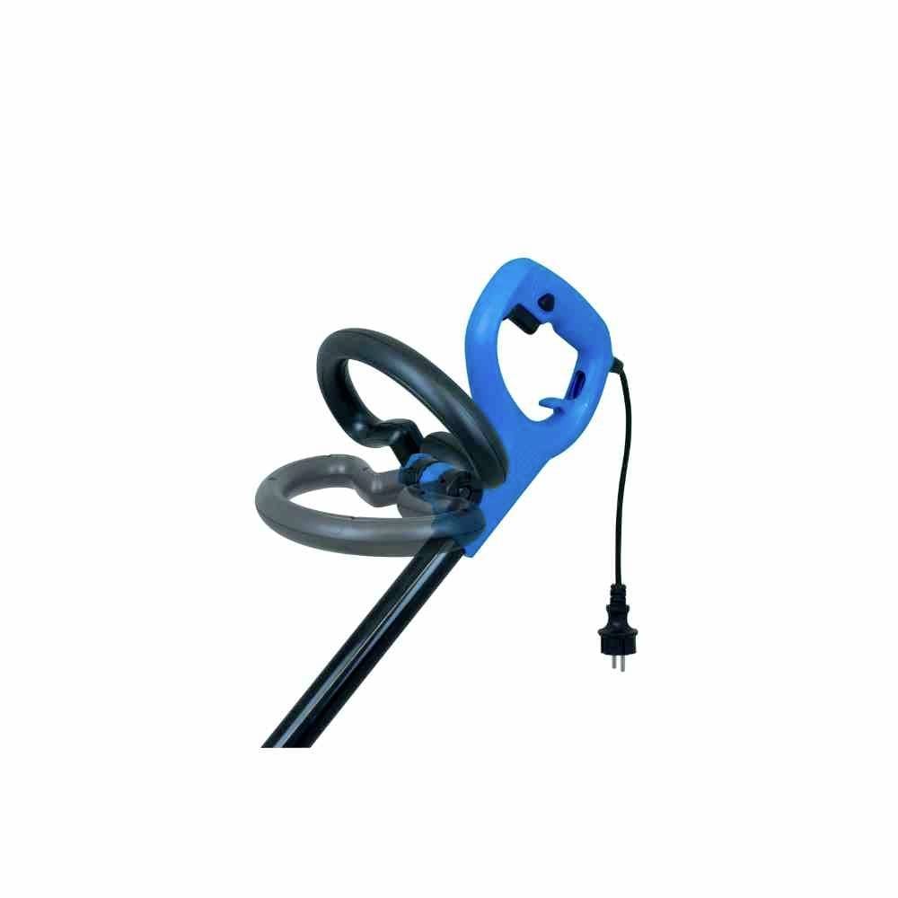 Urządzenie metalowe z niebieskim uchwytem i okrągłą końcówką, przymocowane do czarnego kabla.