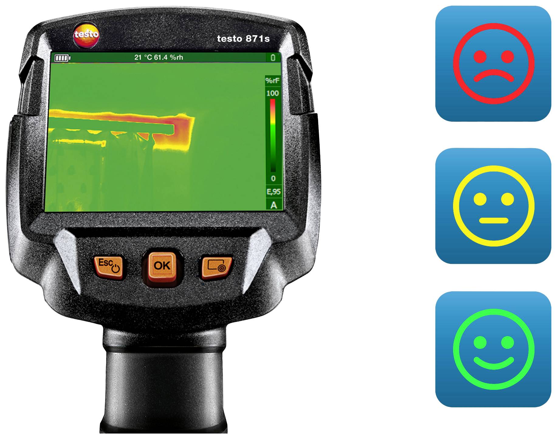 Kamera termowizyjna pokazuje obraz z różnicami temperatury. Obok niej trzy symbole: czerwona smutna twarz, żółta neutralna twarz, zielona uśmiechnięta twarz.