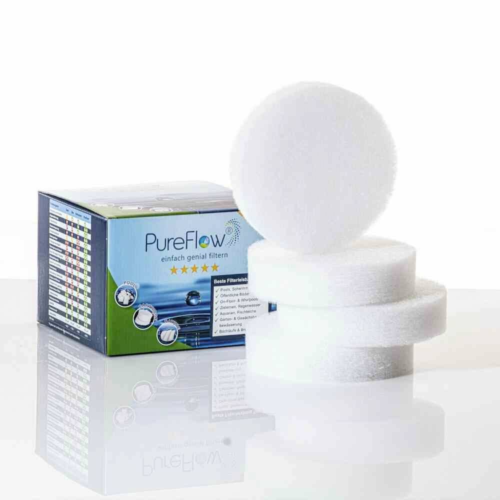 Biały filtr przed opakowaniem z napisem 'PureFlow'. Opakowanie prezentuje diagramy i szczegóły produktu.