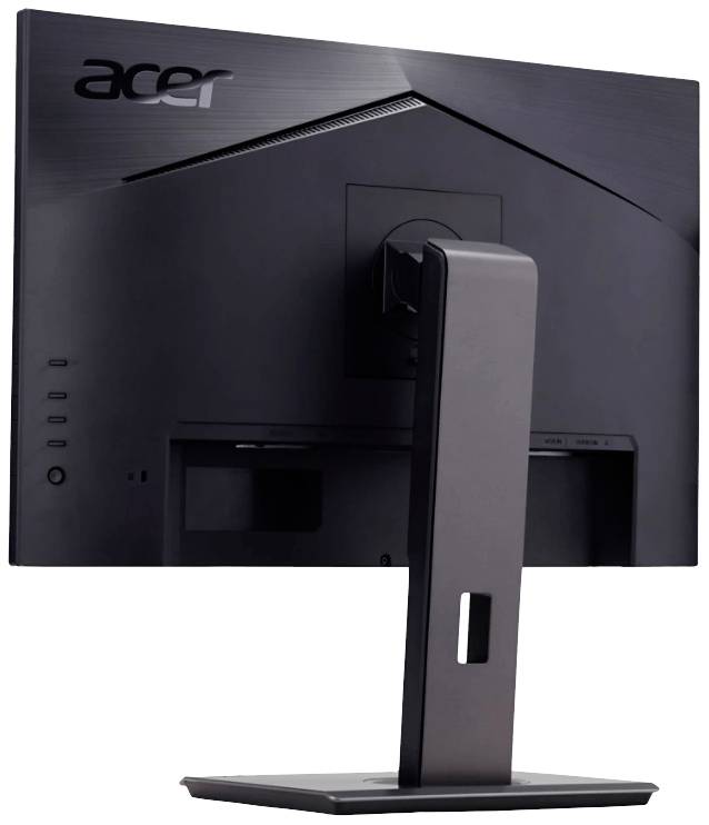 Czarny monitor Acer widziany od tyłu, ukazujący solidną podstawę i złącza z boku.