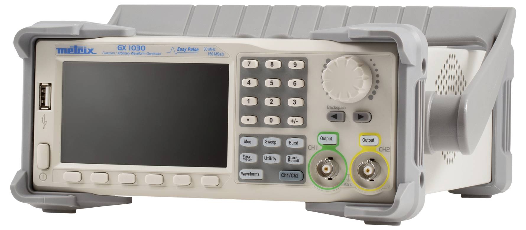 Multimetr z cyfrowym wyświetlaczem, kilkoma przyciskami, dwoma dużymi pokrętłami i gniazdami. Nazwa marki i numer modelu w lewym górnym rogu.