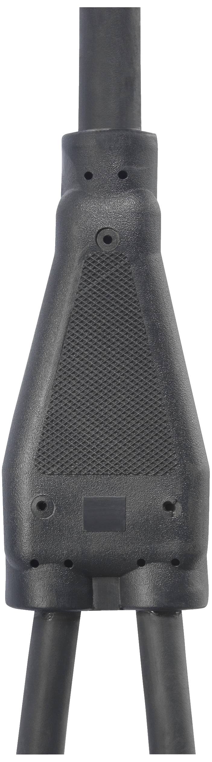 Czarna plastikowa obudowa kabla z powierzchnią teksturowaną, dwa przewody wychodzące od góry i od dołu.