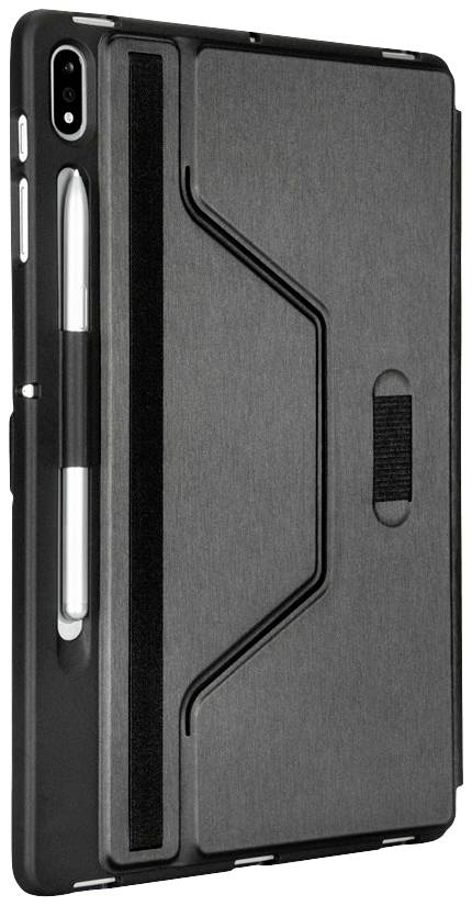 Etui na tablet wykonane z czarnego materiału z zintegrowanym uchwytem na rysik, które bezpiecznie przechowuje srebrny rysik.