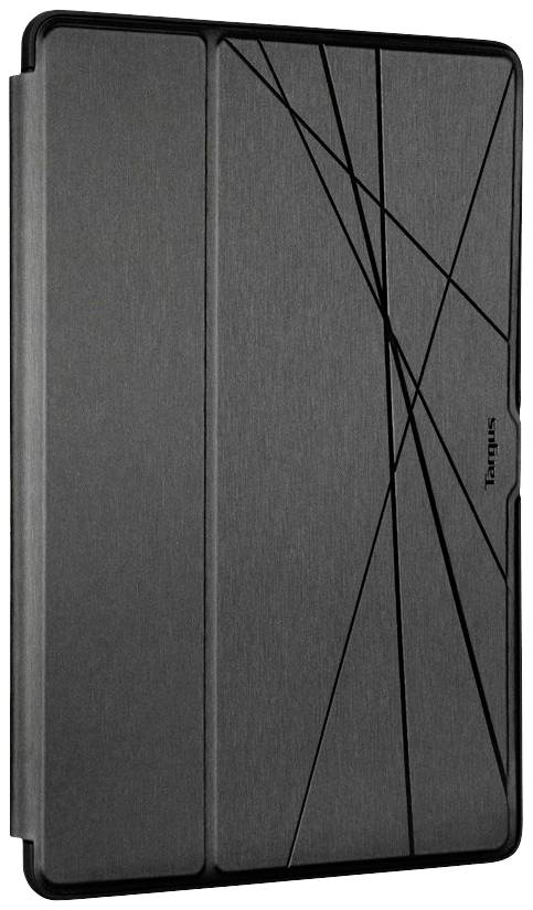 Czarna obudowa ochronna z geometrycznym wzorem liniowym, zaprojektowana dla urządzenia elektronicznego. Widok z boku.