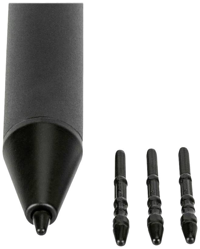 Czarny rysunek graficzny z końcówką piórka tabletu graficznego, obok niego trzy dodatkowe końcówki.