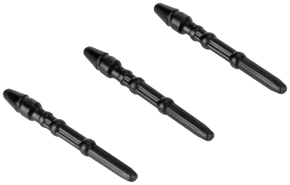 Trzy czarne plastikowe kołki leżą obok siebie na białym tle.