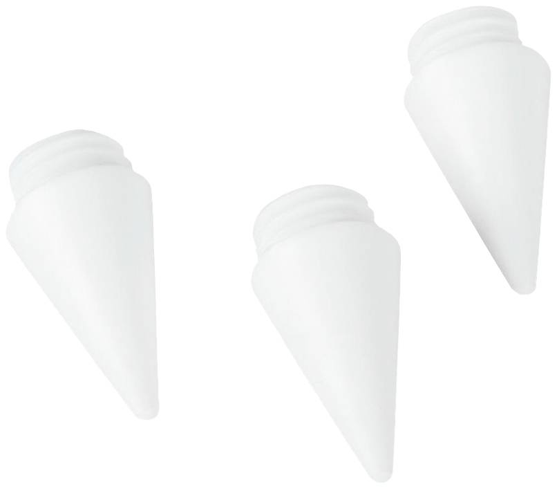 Trzy białe, stożkowate nasadki plastikowe, równomiernie rozmieszczone na białym tle.