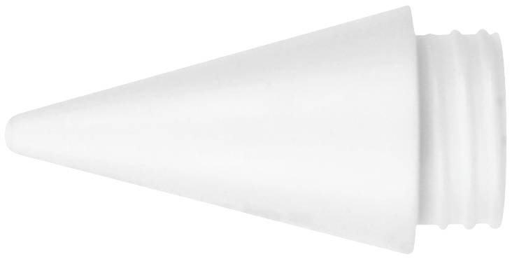 Biała plastikowa końcówka o kształcie stożkowym, z gwintem śrubowym na szerszym końcu.