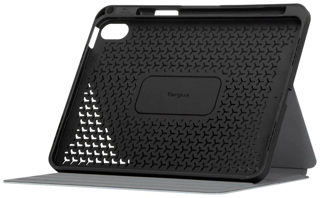 Czarna obudowa iPad z podstawką. Zapewnia strukturalną ochronę i umożliwia ustawienie tabletu w pozycji pionowej.
