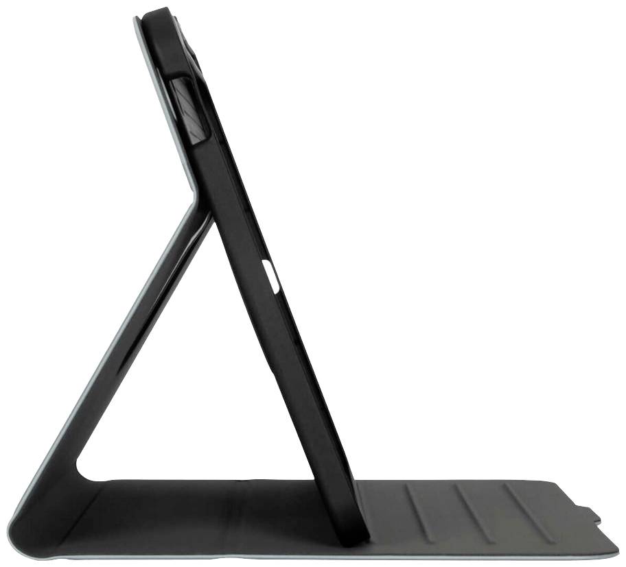 Tablet w czarnym etui stoi na stole. Etui jednocześnie pełni funkcję podstawki.