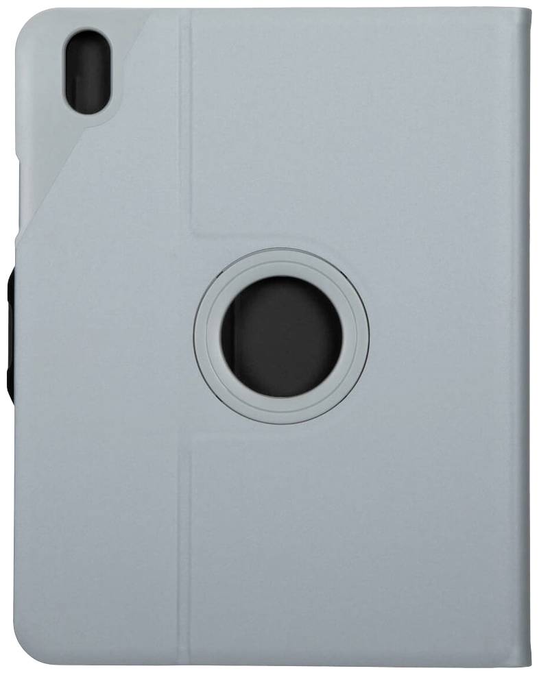 Szare etui na tablet wykonane z tworzywa sztucznego z okrągłym otworem i wycięciem na kamerę.