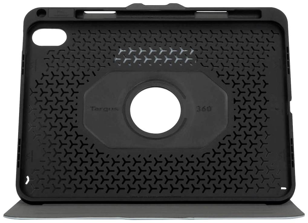 Czarna obudowa do tabletu z teksturowanym wzorem i okrągłym wycięciem pośrodku, zapewniająca solidną ochronę i elastyczność.