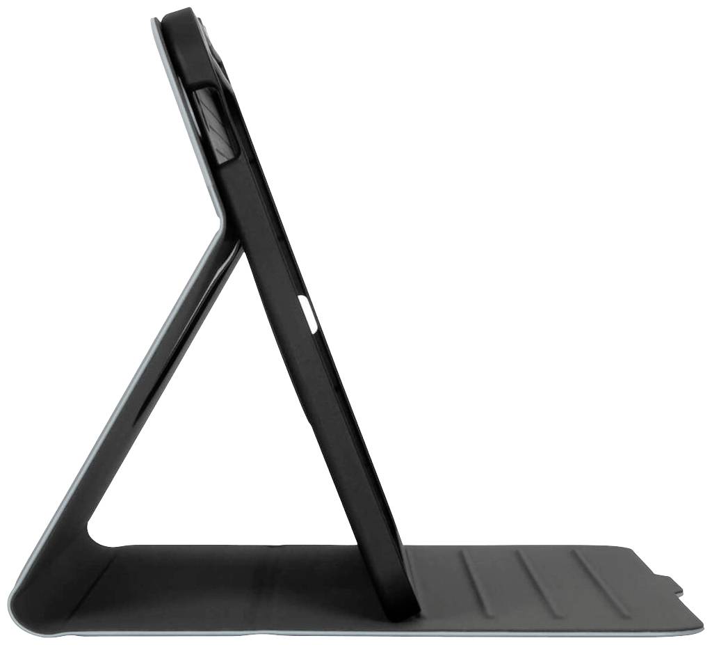 Widok z boku tabletu w czarnym etui ochronnym z podstawką. Tablet stoi w pozycji pionowej na białej powierzchni.