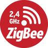 Logo 'ZigBee' w kolorze czerwonym z białym tekstem. Wyświetla '2,4 GHz' i symbol fal radiowych symbolizujący komunikację bezprzewodową.