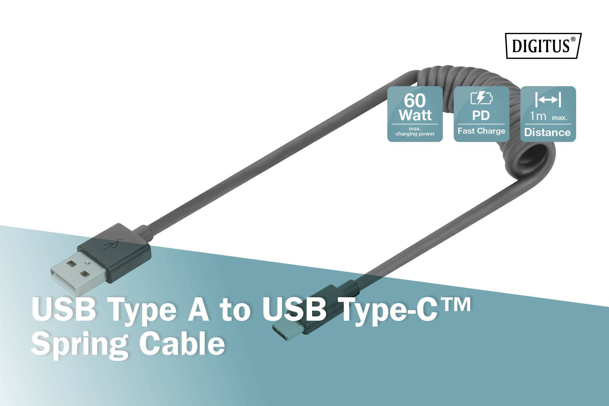 Kabel USB Type A na USB Type-C™ spiralne, obsługujące szybkie ładowanie 60 W, długość 1 m, marka: DIGITUS.