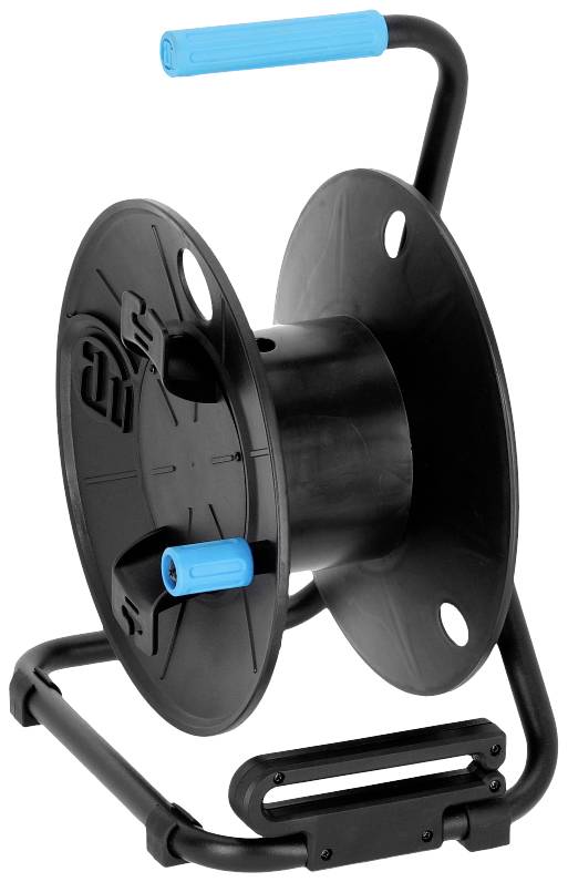 Pusta szpula kablowa z czarną ramą i niebieskimi uchwytami, odpowiednia do nawijania kabli w celu ich schludnego przechowywania.