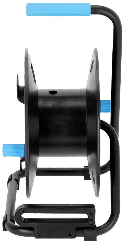 Czarne urządzenie do zwijania kabli z niebieskim uchwytem i korbką, widziane z boku. Odpowiednie do nawijania i przechowywania przewodów.