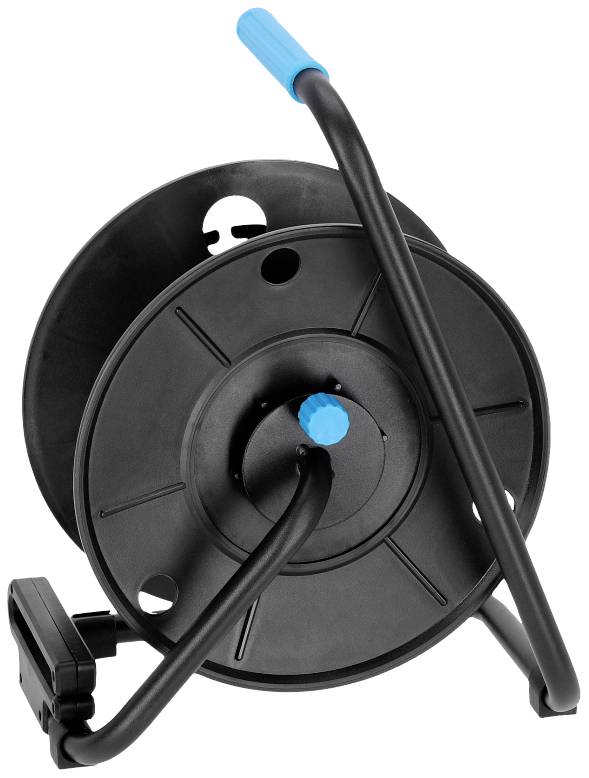 Wózek na wąż z pustą szpulą, czarną ramą i niebieskim uchwytem, odpowiedni do zwijania węży ogrodowych.