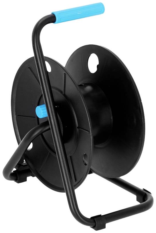 Pusta szpula kablowa wykonana z czarnego metalu z niebieskim uchwytem.