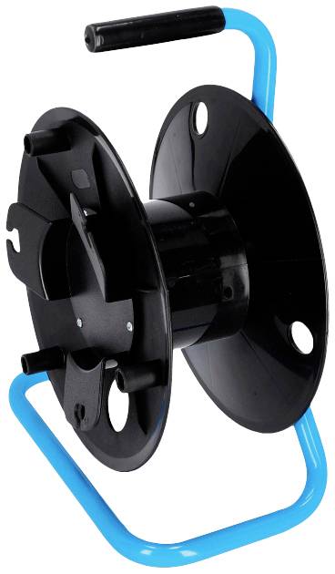 Pusta czarna plastikowa rama szpuli kablowej z niebieskim metalowym uchwytem.