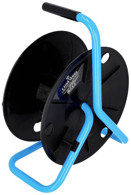 Ilustracja pustej szpuli kablowej z czarnym korpusem szpuli i niebieską ramą. Jest ustawiona pionowo.
